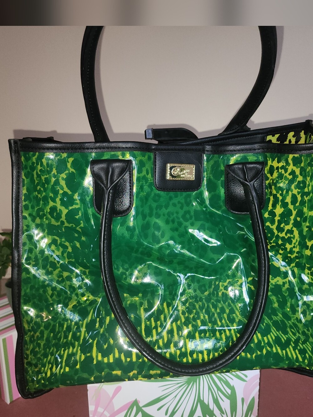 Green Patterned Tote Bag with Black Trim